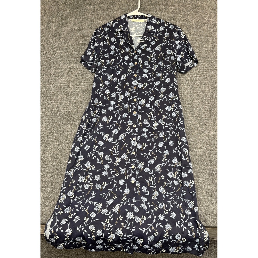 Appleseeds Petites Dress Womens 8P Blue Floral Button Front Midi Rayon